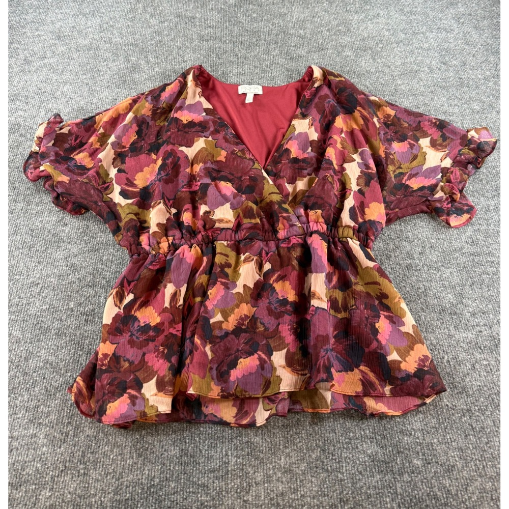 Sofia Jeans by Sofia Vergara Waylin Wine Floral Peplum Blouse Large S3F175